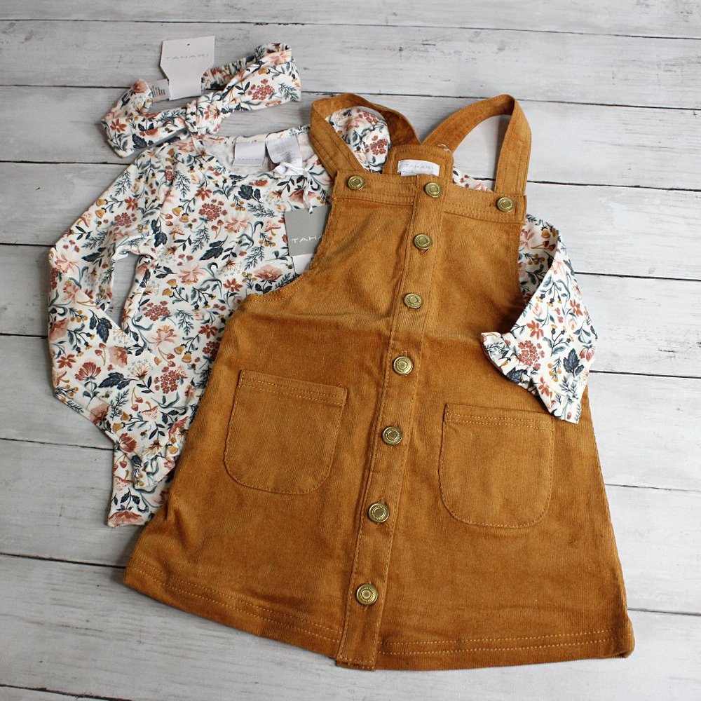 Tahari Girl's Top Bib Overall Corduroy Jumper Dress Headband Set Size 2T